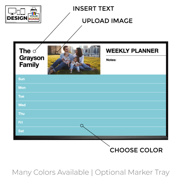 Weekly Planner Ebony Aluminum Frame | Custom Printed Landscape Non-Magnetic Whiteboard