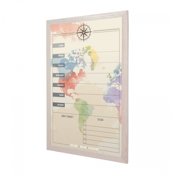 World Map Weekly Planner | Wood Frame Portrait