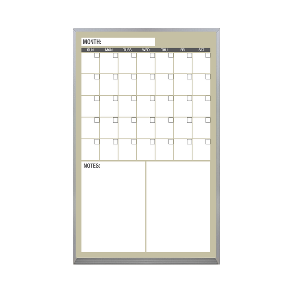One Month Calendar Satin Aluminum Frame | Custom Printed Portrait Non-Magnetic Whiteboard