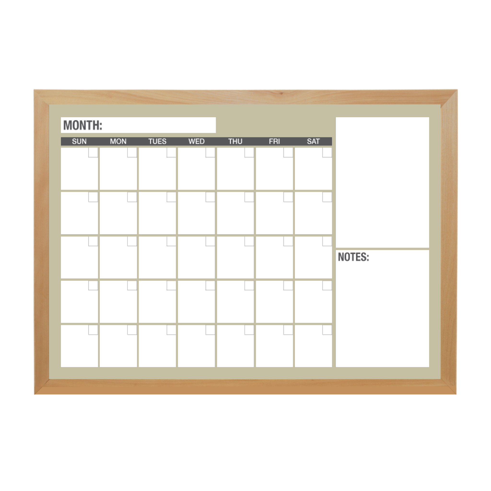 One Month Calendar Wood Frame | Custom Printed Landscape Non-Magnetic Whiteboard